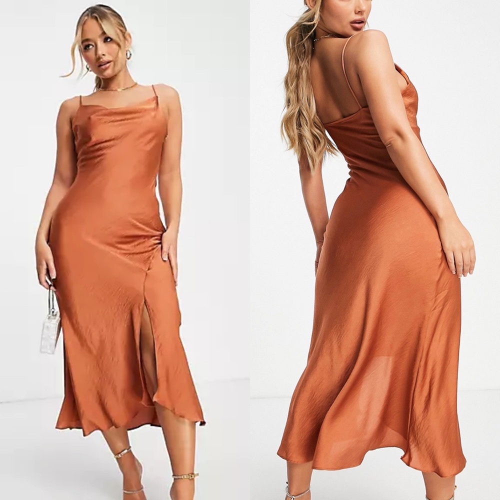 Trendyol for ASOS Midi cami side slip dress in cinnamon